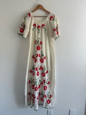 Embroidered Cream Maxi Dress with Red Floral Detail
